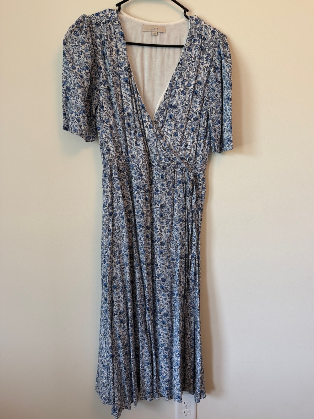 LOFT Blue and White Floral V-Neck Midi Dress